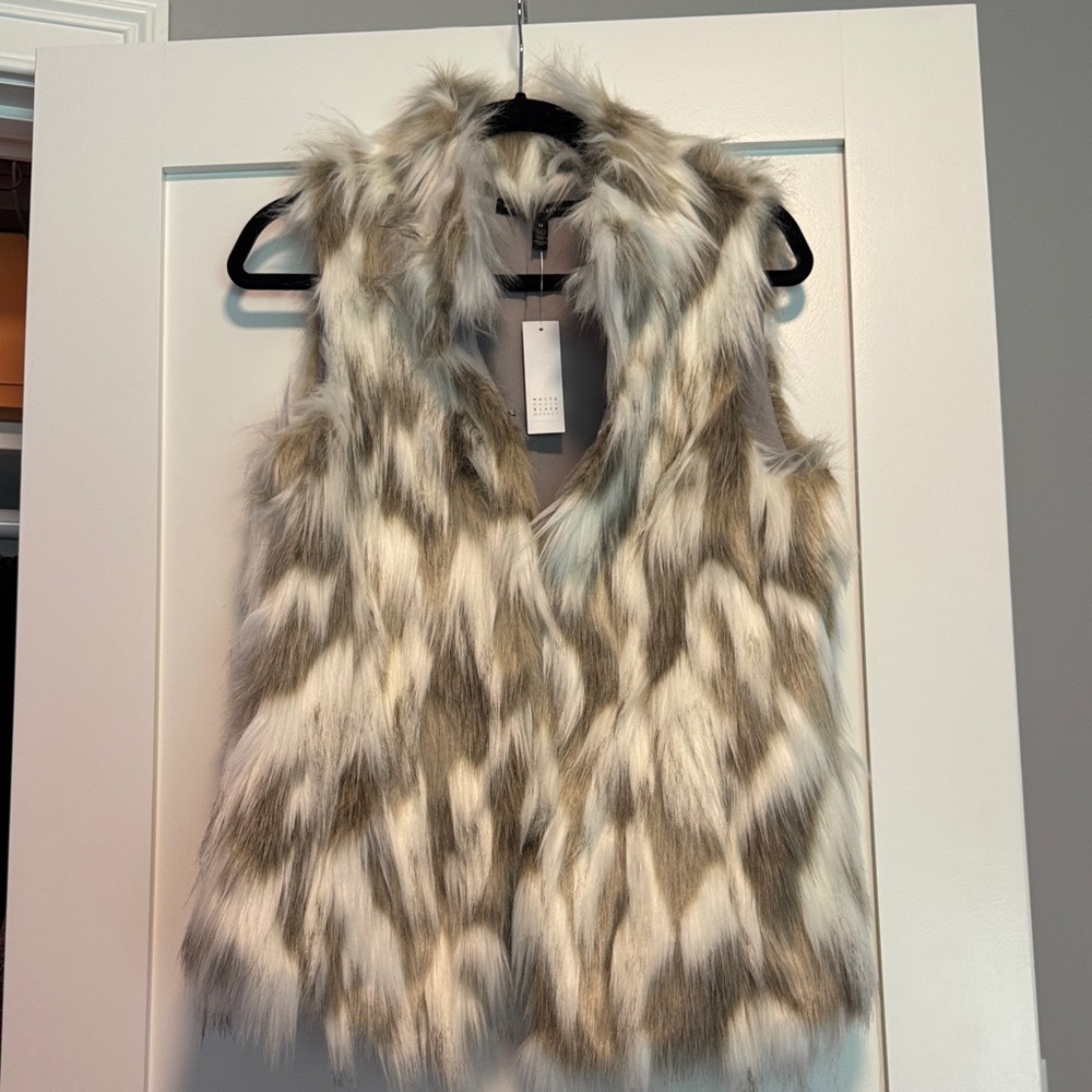 White House Black Market Faux Fur Vest in White and Brown